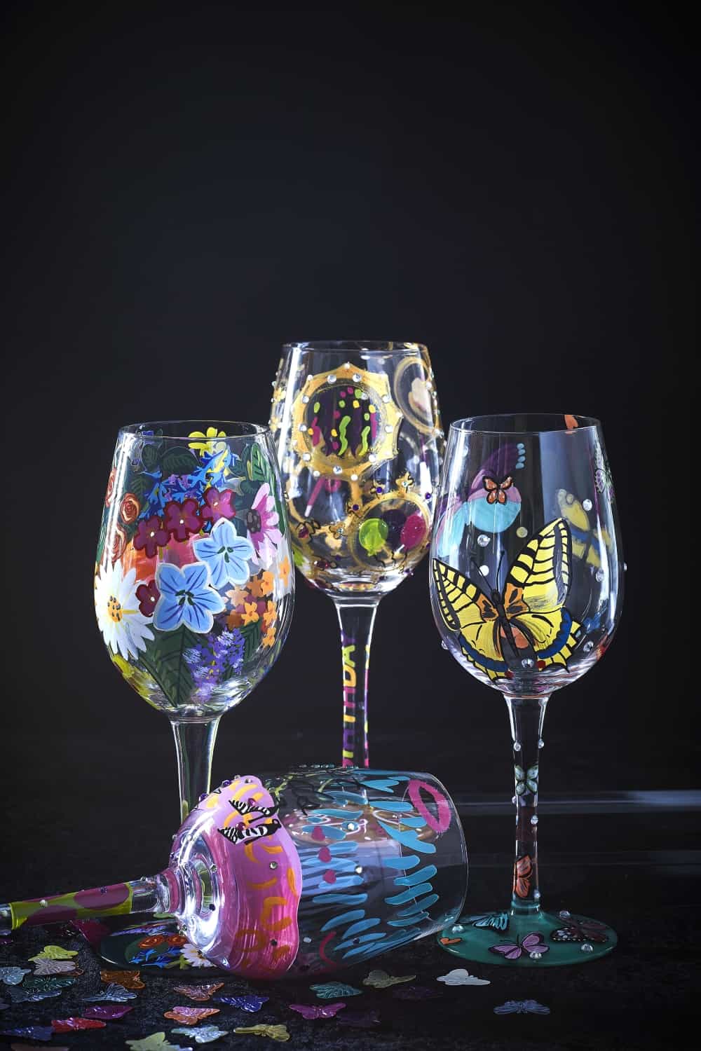 HAND PAINTED & BEJEWELED WINE GLASSES